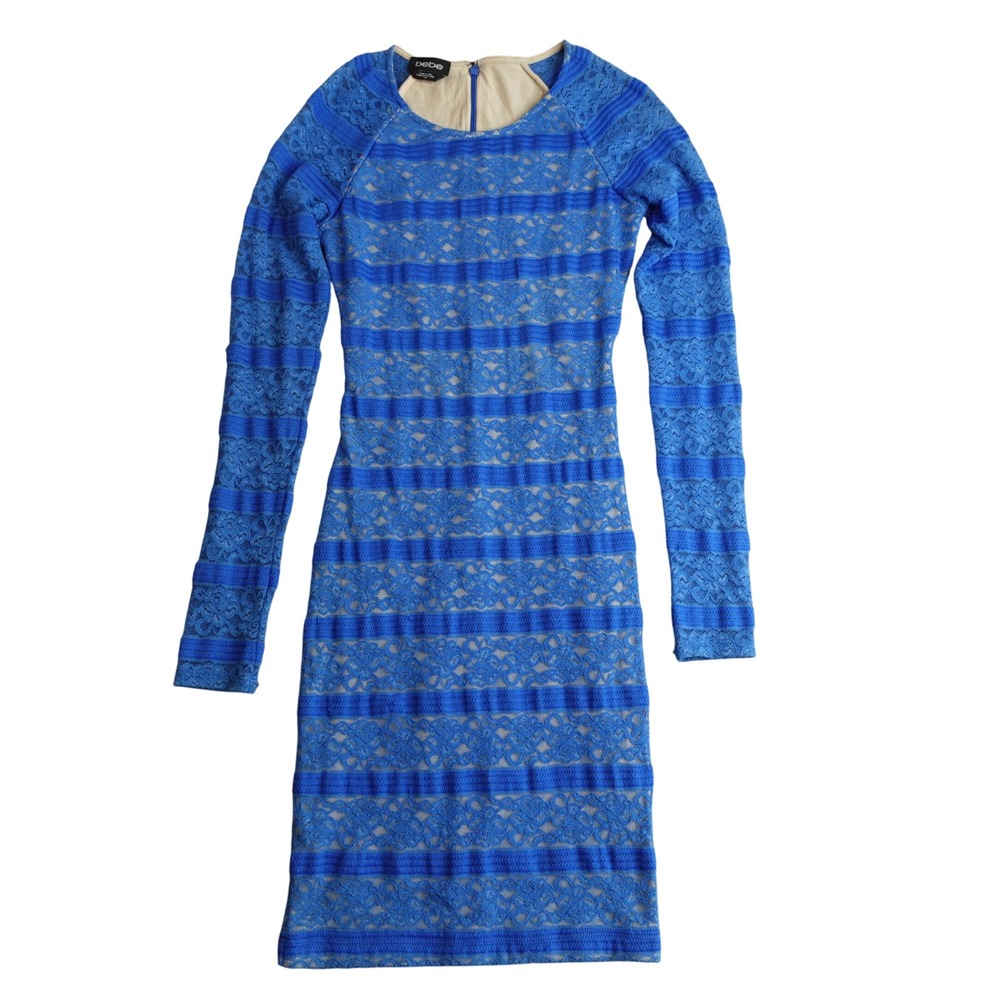 Vintage Y2K Bebe Blue Sheer Lace Bodycon Dress S Long Sleeve Mini Glam Party